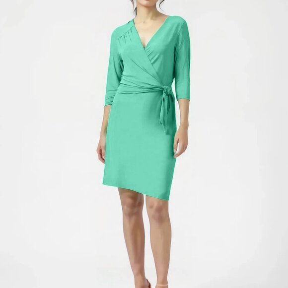 NWT New Green Slinky V-Neck Wrap Fit-Flare Sheath Minimalist Career Dress S 4/6 - Picture 1 of 4